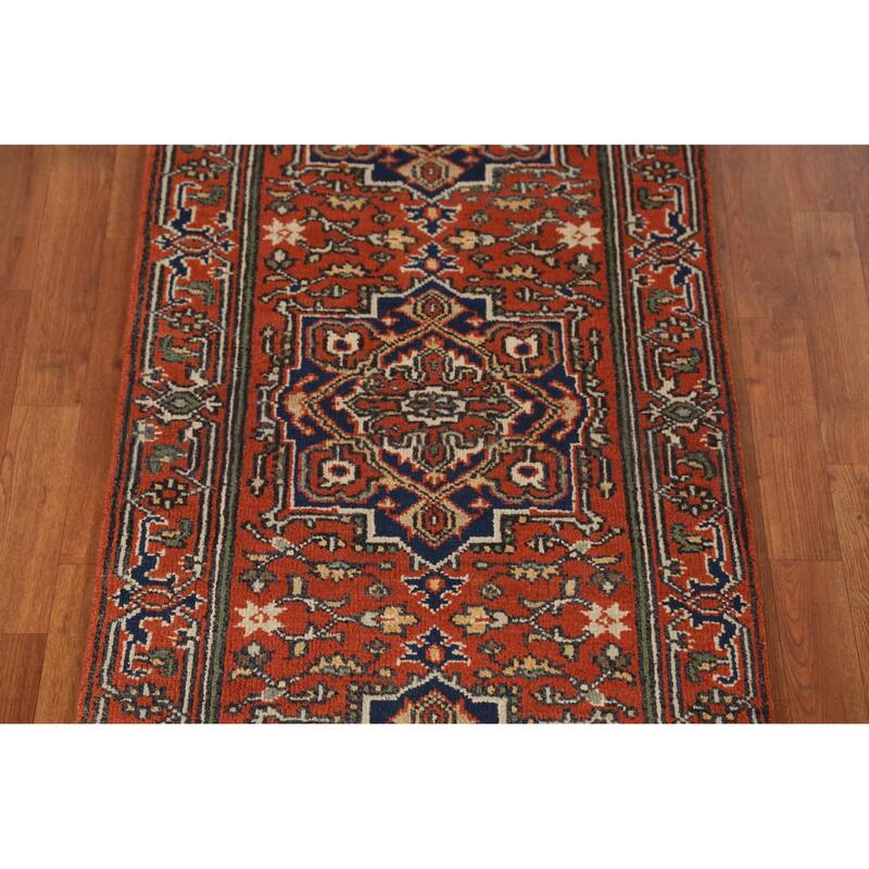 Geometric Heriz Serapi Runner Rug Hand-Knotted Traditional Wool Carpet - 2'6" x 7'10"