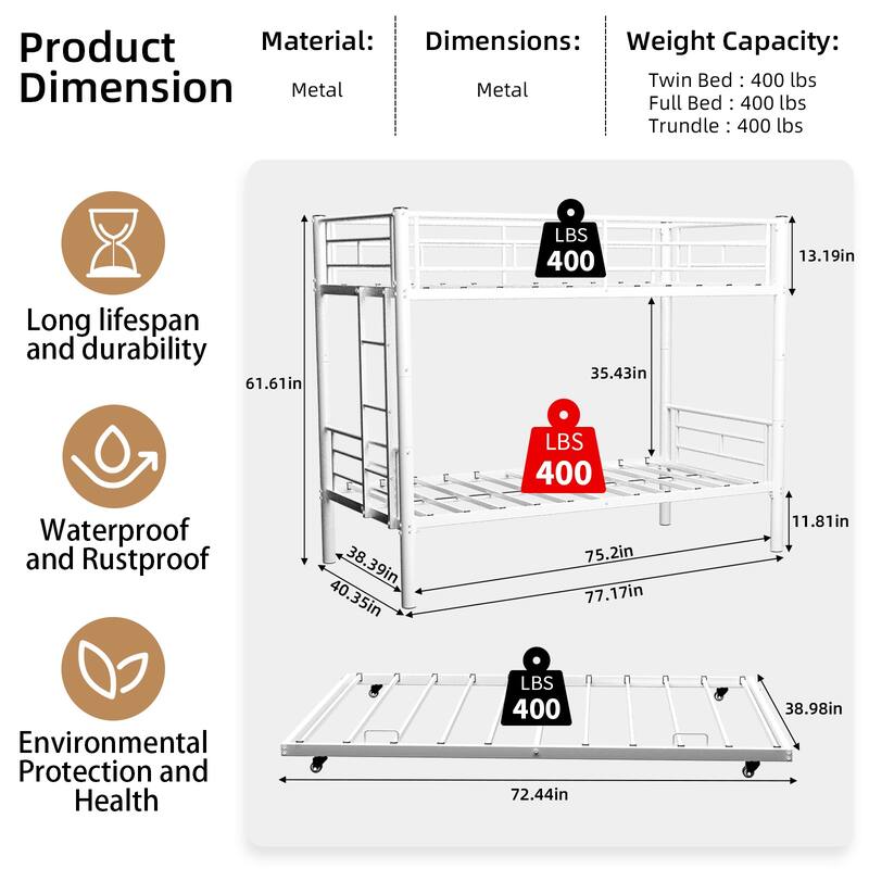 GDFStudio - Heavy-Duty Metal Twin over Twin Bunk Bed with Guardrail