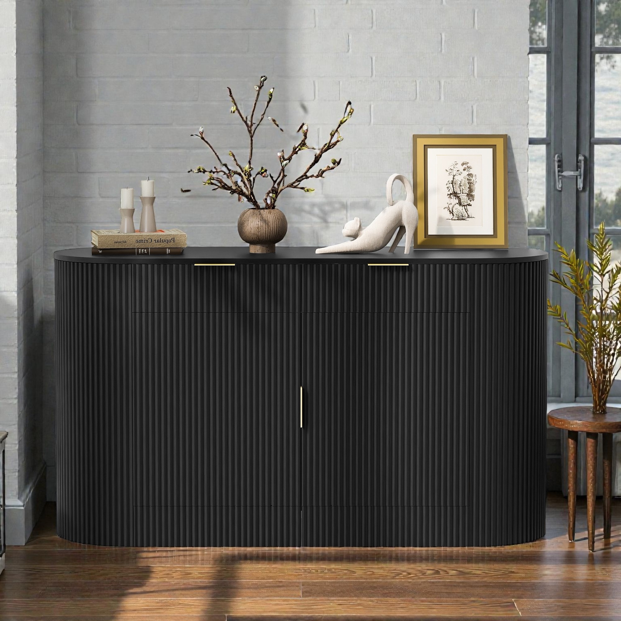 55" Stripe Door Storage Cabinet with 2 Doors, Sideboard Buffet Cabinet, 2 Drawers and 3-Tier Side Shelves, Entryway Cabinet