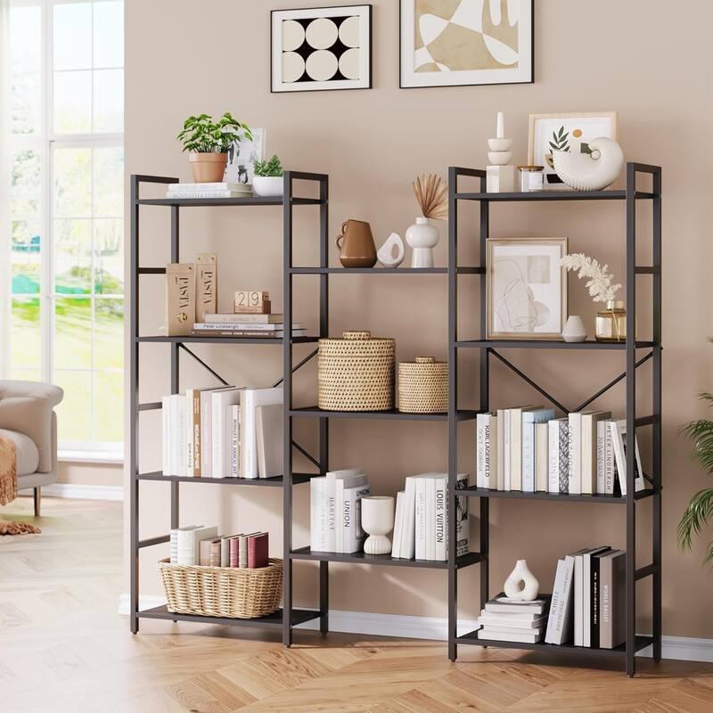 Triple Column 4-Tier Bookshelf, Bookcase with 11 Open Storage Display Shelves