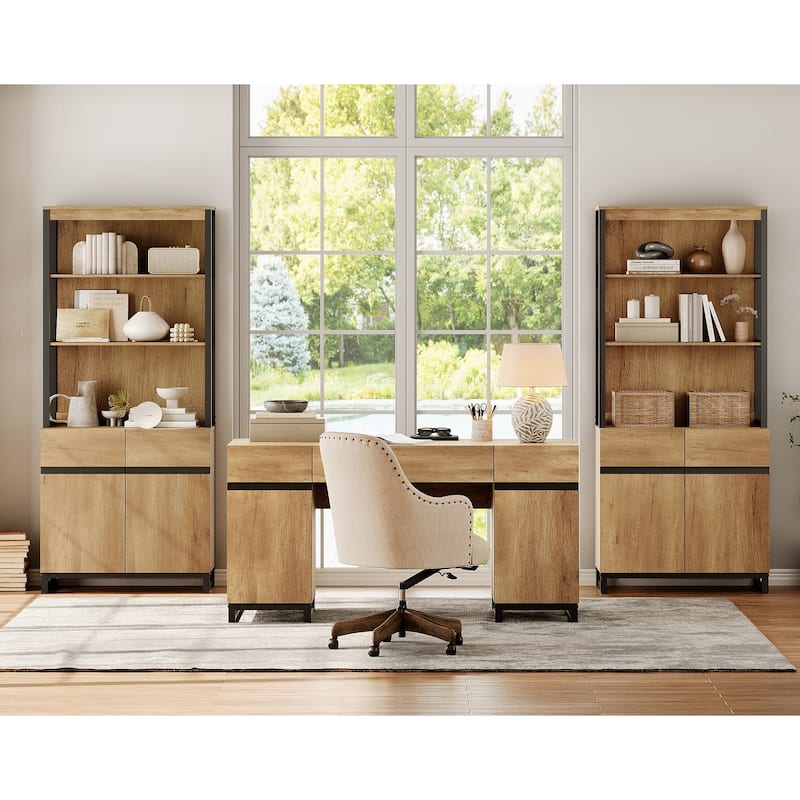 WAMPAT 59" Modern Executive Desk with Charging Station & Storage Cabinet + 72" Tall Bookcases.