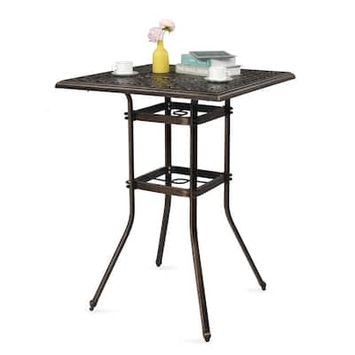 Patio Bar Height Table Cast Aluminium Square Bar Bistro Table with Umbrella Hole - N/A