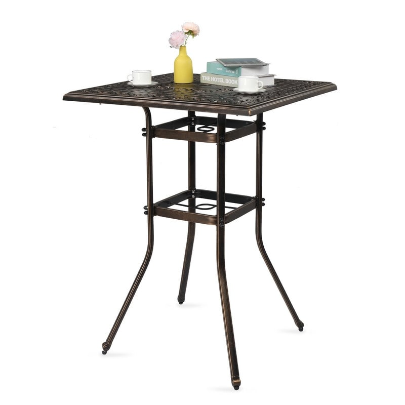 Patio Bar Height Table Cast Aluminium Square Bar Bistro Table with Umbrella Hole - Bronze - N/A
