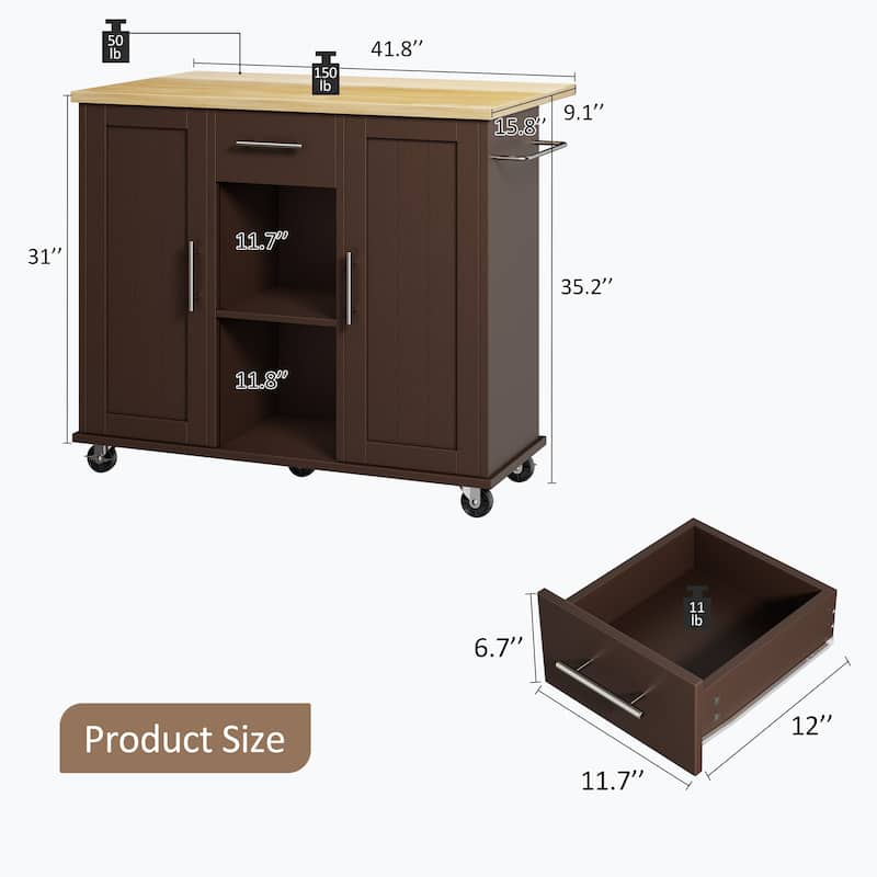 2-Door Kitchen Island with Drawer & Drop Leaf - Mobile Storage Cart on Lockable Wheels for Kitchen, Dining Room, Bar