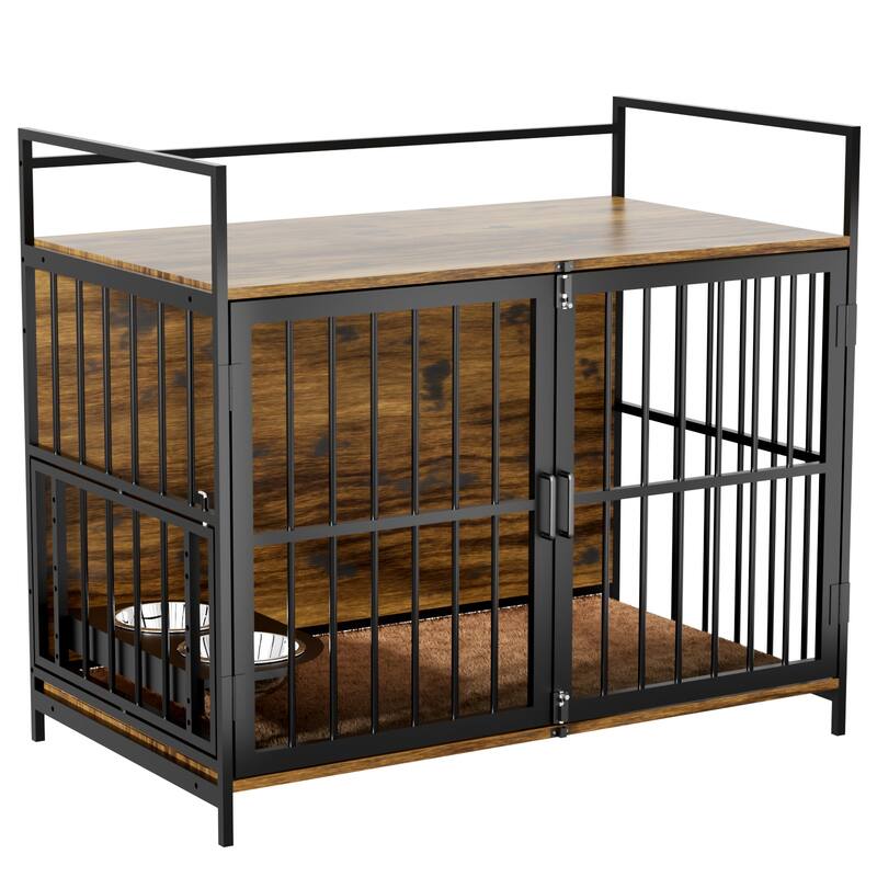 Dog Cage Furniture with Cushion, Dog Kennel Indoor with Rotating Feeder Bowls, Heavy Duty Indoor Cage Kennel