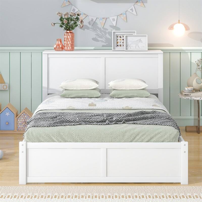 Wooden Storage Platform Bed with Bookcase Headboard, Full/Queen Bed Frame with Twin Size Trundle and Pull Out Shelves