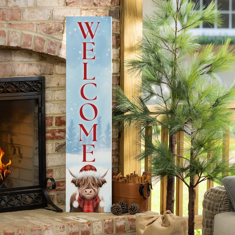 Holiday Highland Cow Porch Leaner, "Welcome" - 46" H - Multicolor