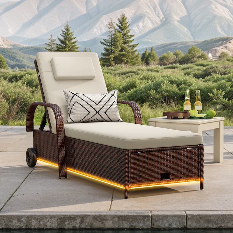 Wicker Chaise Lounge With Storage Space And LED Lights