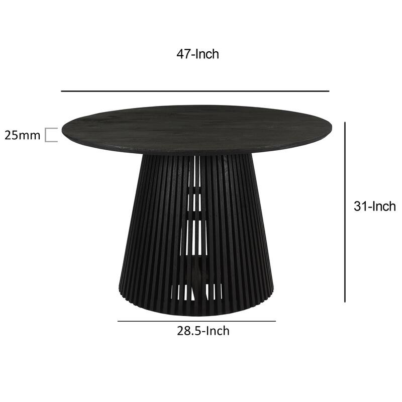 Ridge 47 Inch Handcrafted Mango Wood Round Dining Table, Slatted Flared Base, Black