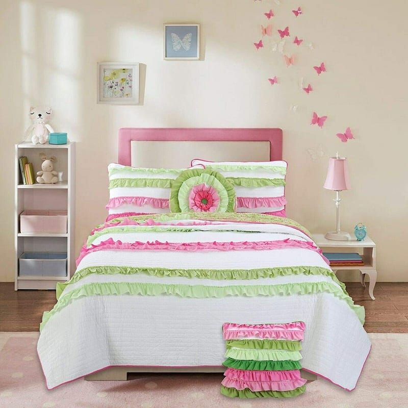 Cozy Line Charlotte Chic Pink Green Ruffle Quilt Bedding Set
