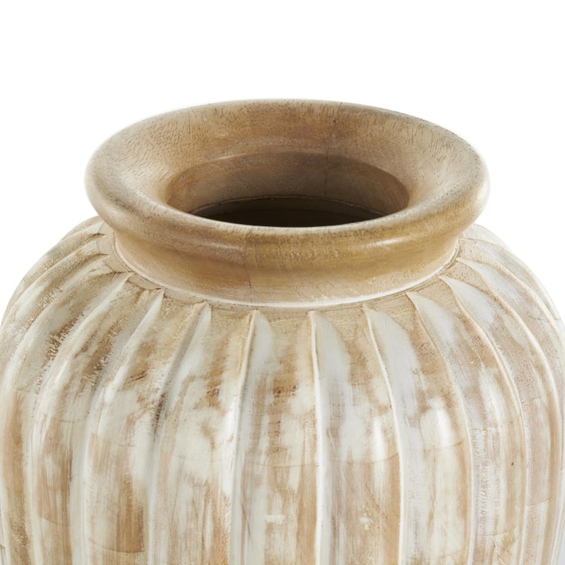 Mango Wood Distressed Decorative Vase with Carved Ridges - Light Brown - Roche River Decor