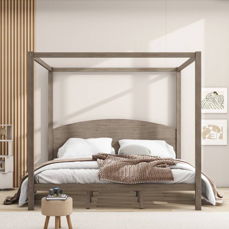 Four Poster Canopy Bed with Built-in Headboard and Support Legs King Size Bed Frame with Wooden Slat Support for Bedroom