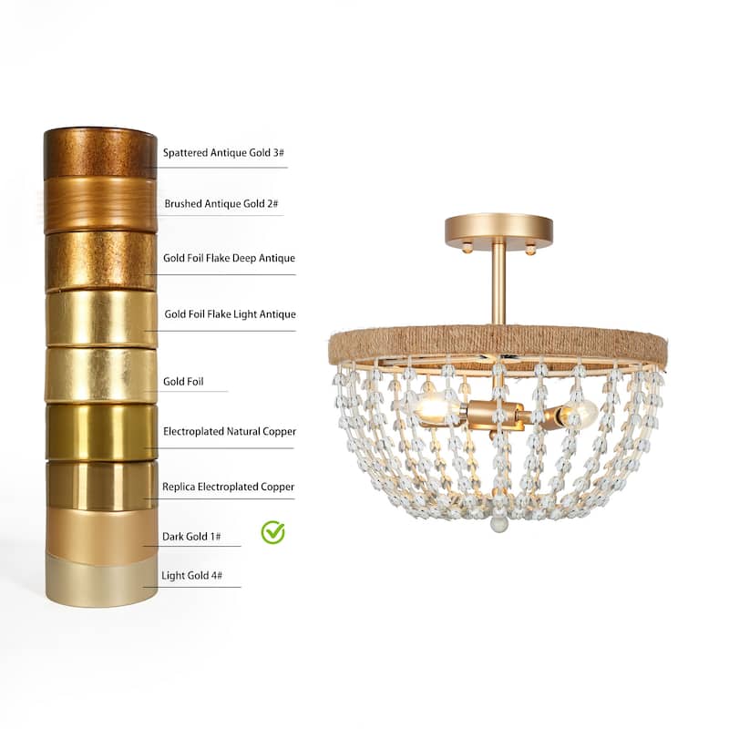 Farmhouse Boho Beaded 3-Light Chandelier Gold Semi-flush Mount Ceiling Light for Kitchen Island Living Room