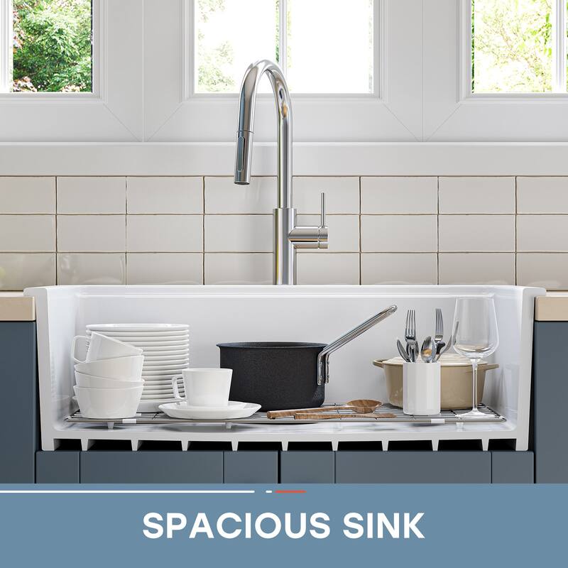 HOROW 33 in. Drop-In Single Bowl Ceramic White Kitchen Sink Standard and Bottom Grid, Drain Assembly, Cutting Board