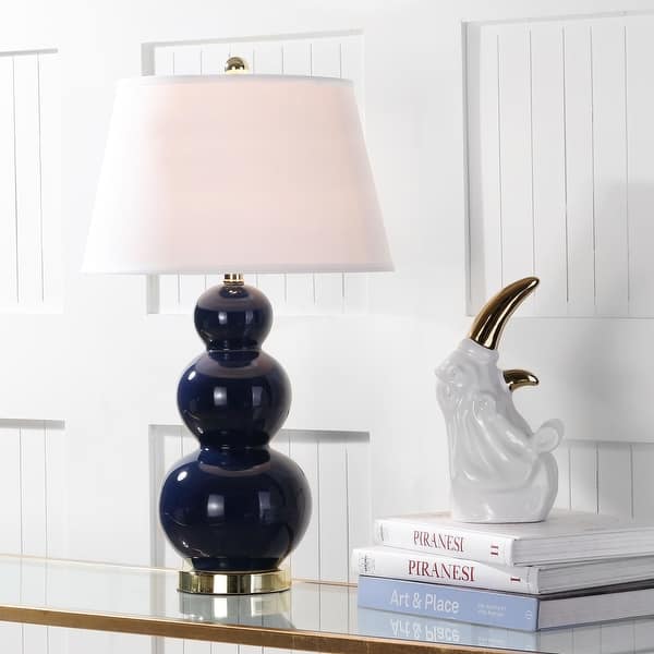 slide 1 of 8, SAFAVIEH Lighting 27-inch Amy Triple Gourd Navy Table Lamp (Set of 2) - 16"x16"x28"