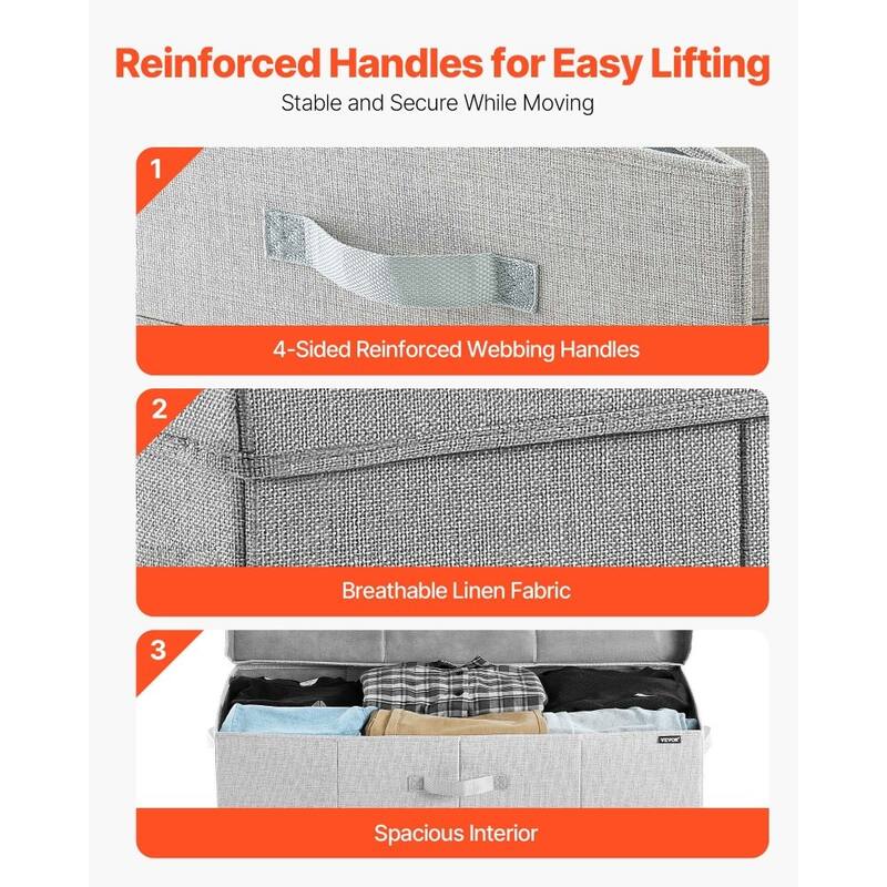 Set of 2 Grey Linen Under Bed Storage Bags Foldable Clothes Organizer with Reinforced Handles - 31.7 x 15.9 x 6.1 inch