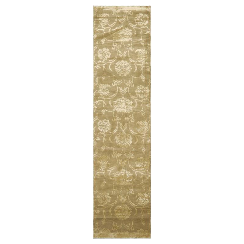 Tone on Tone Green Hand Knotted Botanical Tibetan Rug 2'11"x11'10" - 2' 11'' x 11' 10''