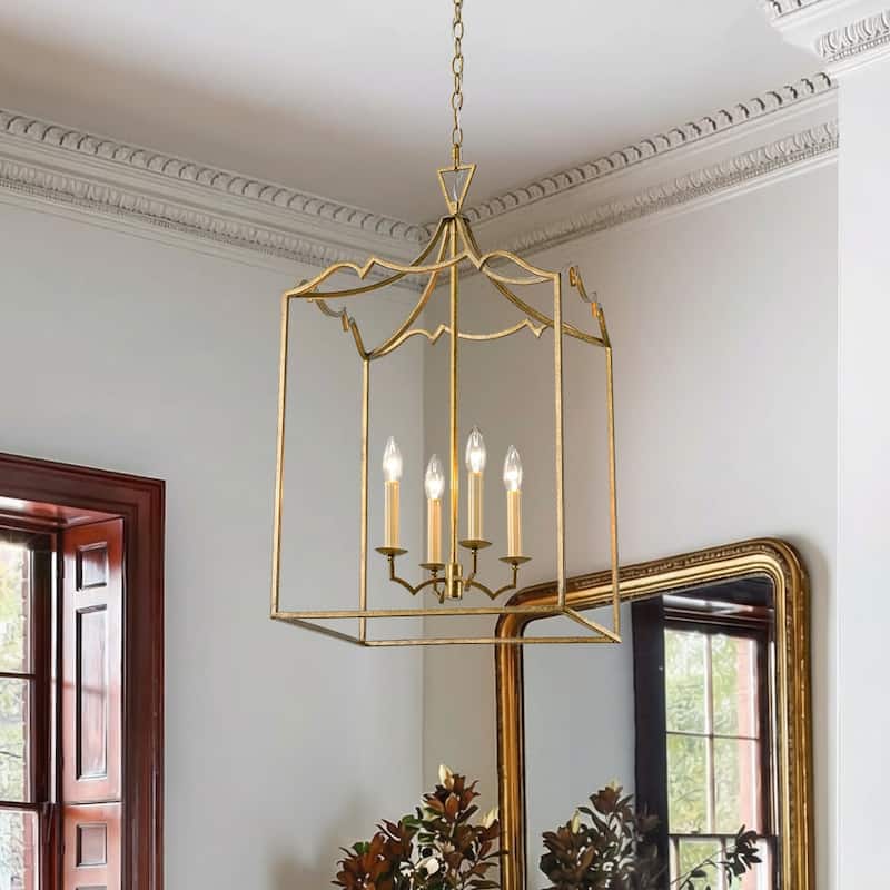 Vintage 4-Light Candle Aged Gold Iron Square Cage Pendant Lantern - Gold