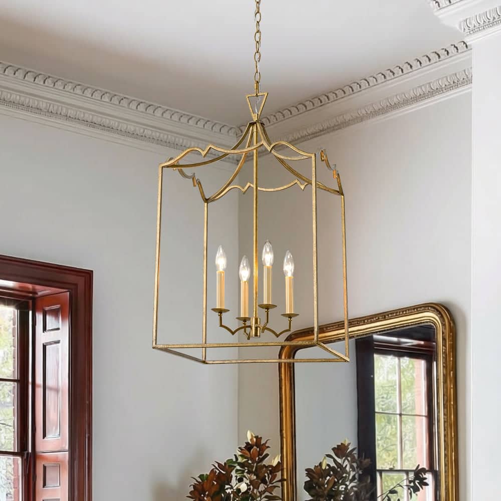 Vintage 4-Light Candle Aged Gold Iron Square Cage Pendant Lantern