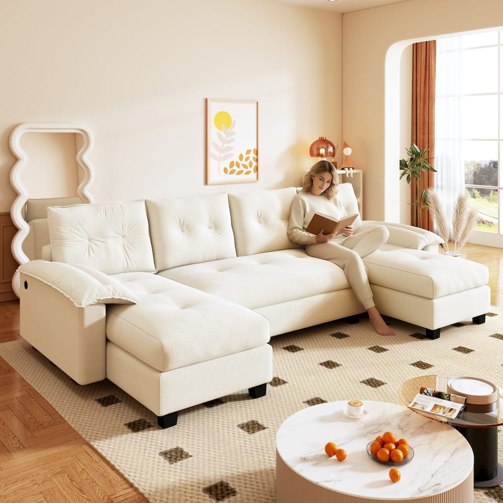 104.7" U-Shaped Sleeper Sofa, Convertible Sectional Couch with Pull-Out Bed, Removable Armrests, USB Ports & Chaise Lounge