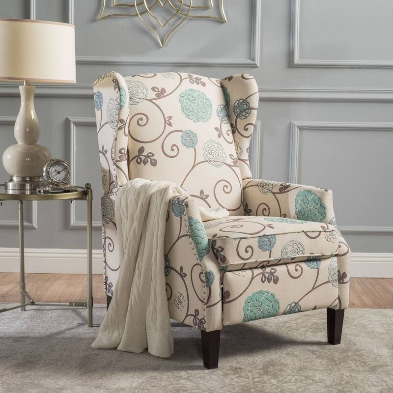 Traditional Fabric Recliner Chairs with Studded Border by Christopher Knight Home - White+Multi