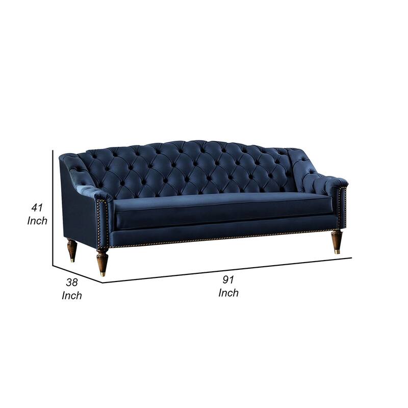 Cin 91 Inch Sofa, Button Tufted Camelback, Bench Seat, Nailhead Trim Blue
