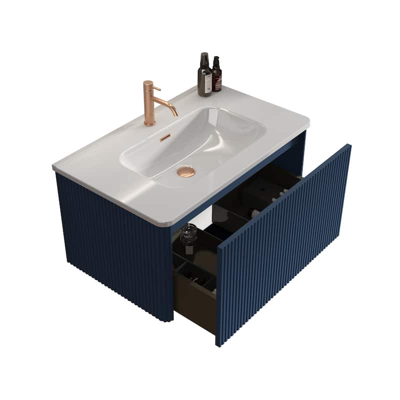Modern Wall Mounted Striped Bathroom Vanity with Ceramic Sink
