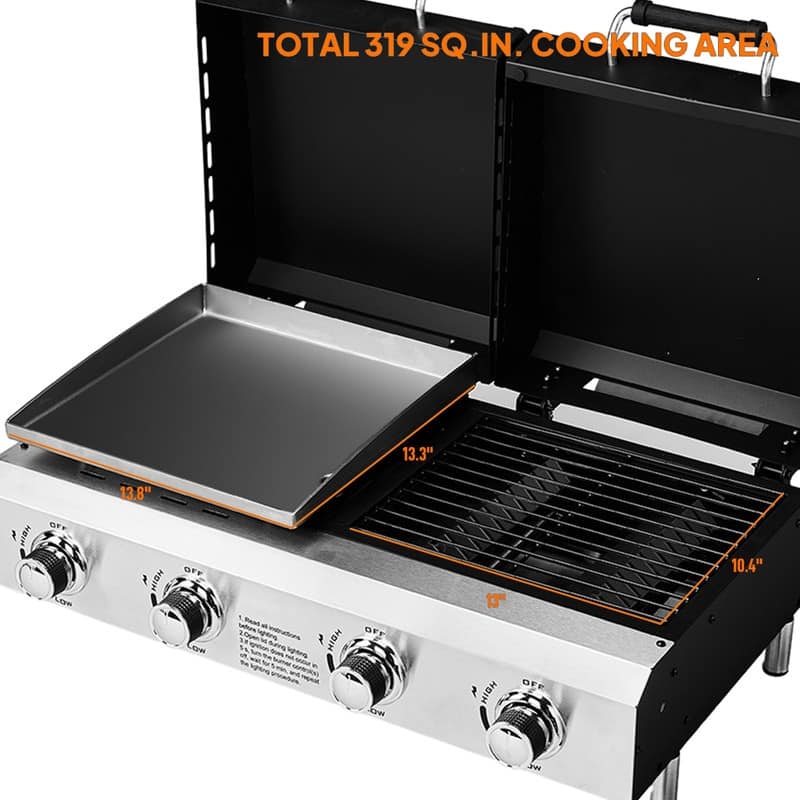 4 Burner Tabletop Flat Top Griddle And Grill 2-In-1 Propane Gas Grill And Griddle Combo With Lid - N/A