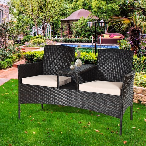 Costway Patio Rattan Chat Set Loveseat Sofa Table Chairs Conversation - Single