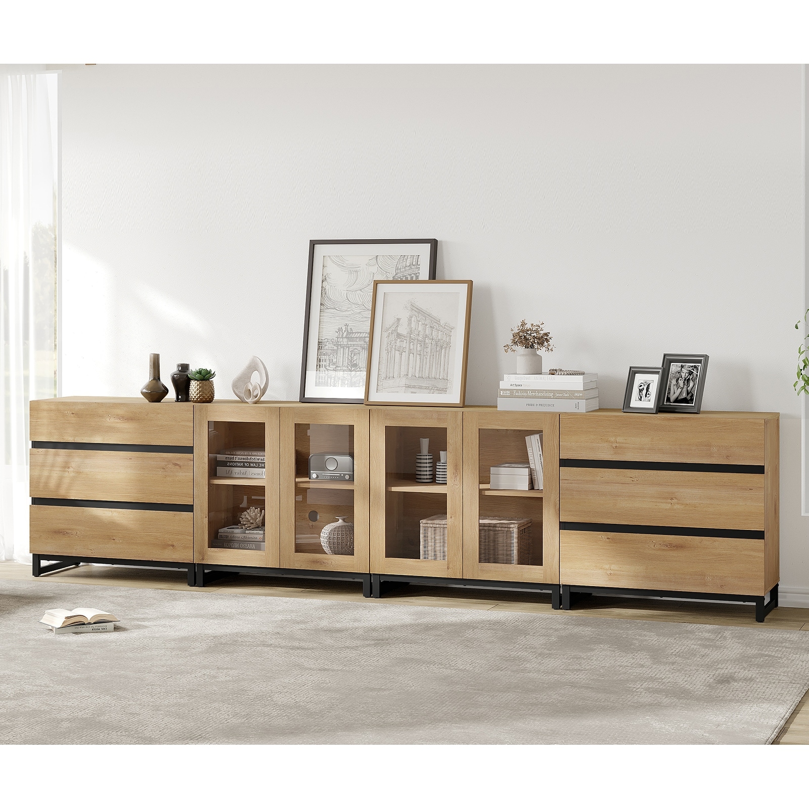 4 in 1 Modern Dresser with Glass Doors and 6 Drawers,Storage Cabinet with Adjustable Shelves, Chest of Drawers for Bedroom