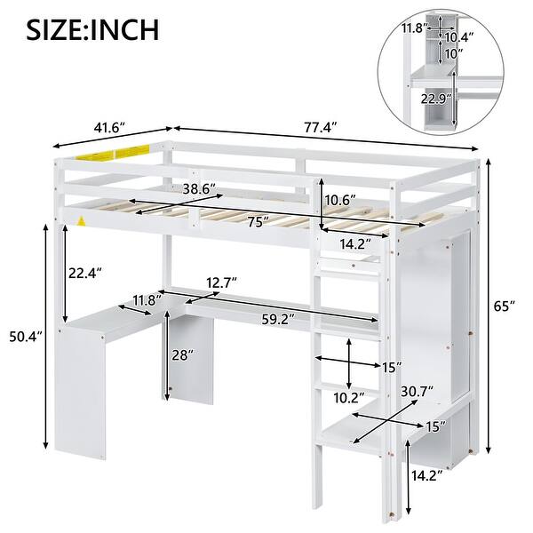 dimension image slide 0 of 2, Twin Size Loft Bed with L-shaped Desk,Wardrobe and Storage Shelves