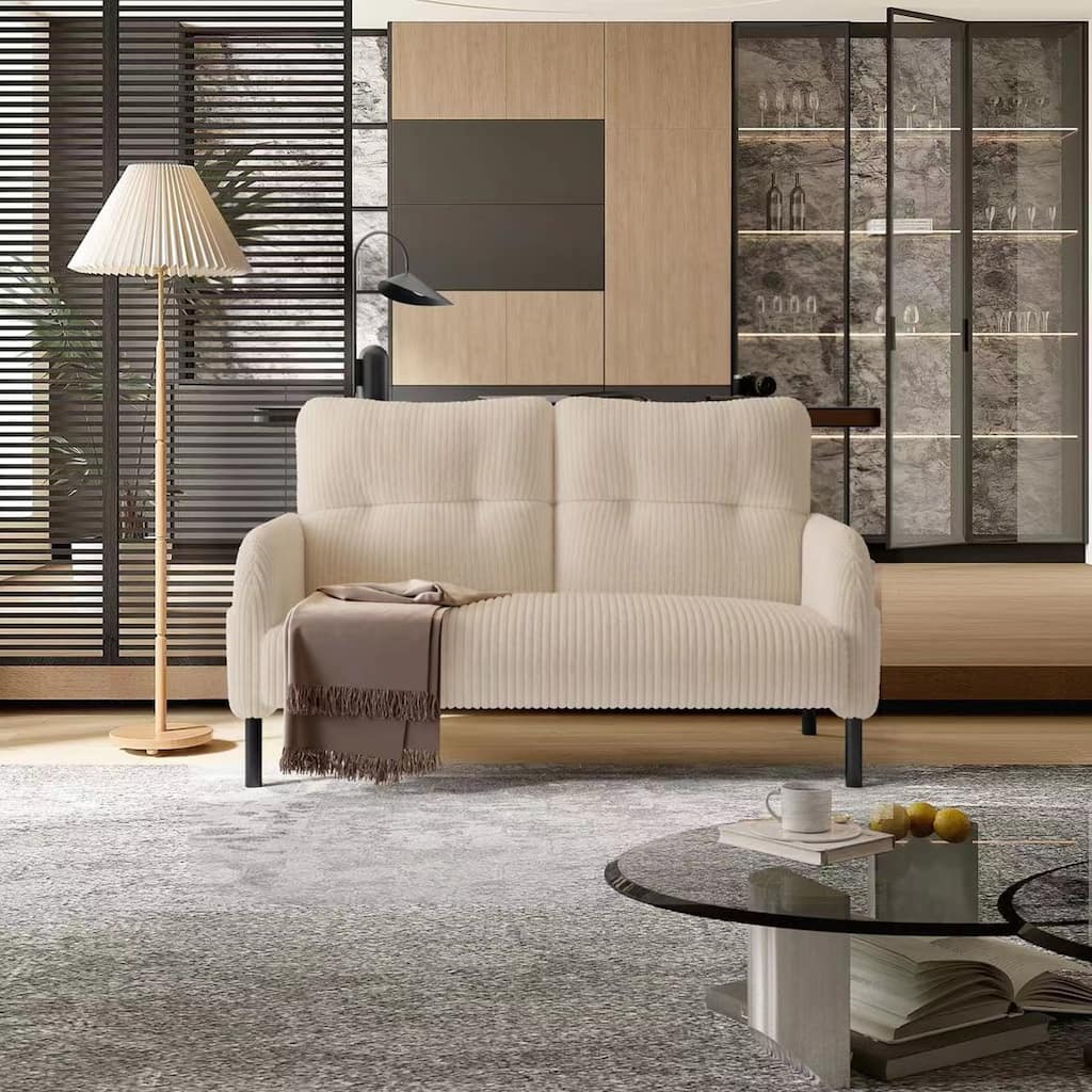 Corduroy Foam Upholstered Loveseat Couch Ergonomic Lounge Sofa with Side Pockets and Solid Wood Frame Soft 2 Seater Sofa