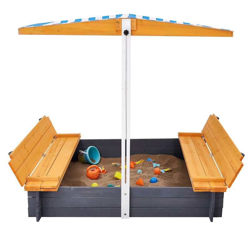 Square Wooden Sandbox with Canopy with Foldable Bench Seats and Bottom Liner - 57.3” x 47.2” x 47.2”