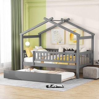Twin Size Wooden House Bed, Gray
