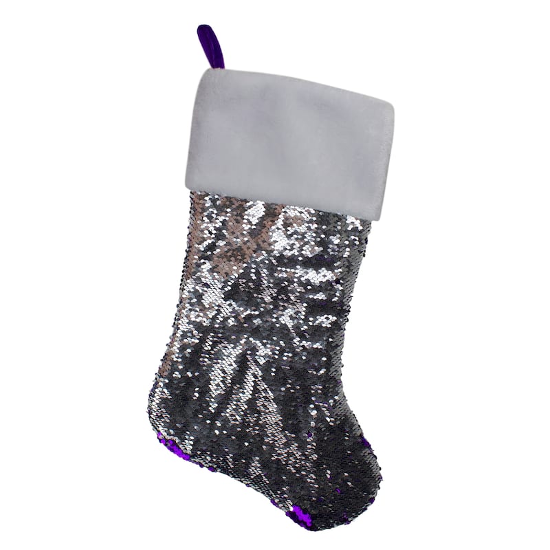 23" Purple and Silver Reversible Sequined Christmas Stocking with Faux Fur Cuff