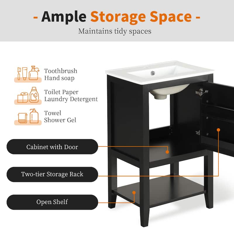 20" Bathroom Vanity with Sink, Bathroom Cabinet with Soft Closing Door, Storage Rack and Open Shelf
