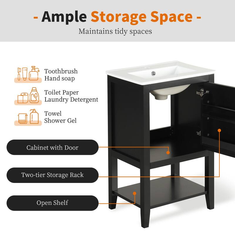 20" Modern Bathroom Vanity with Sink, Soft Close Door, Storage Rack & Open Shelf, Freestanding Cabinet