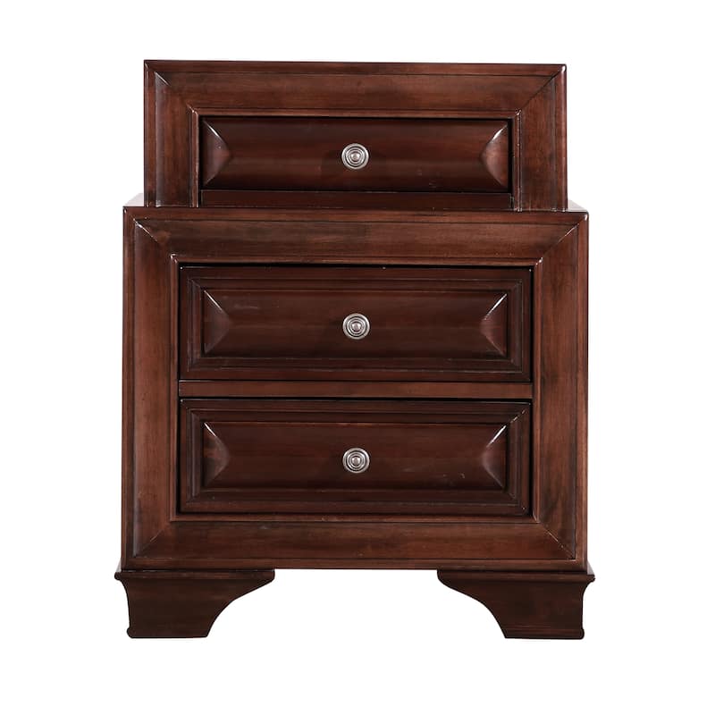 Traditional Three-Drawer 2-Tier Nightstand with Metal Pull - Cappuccino