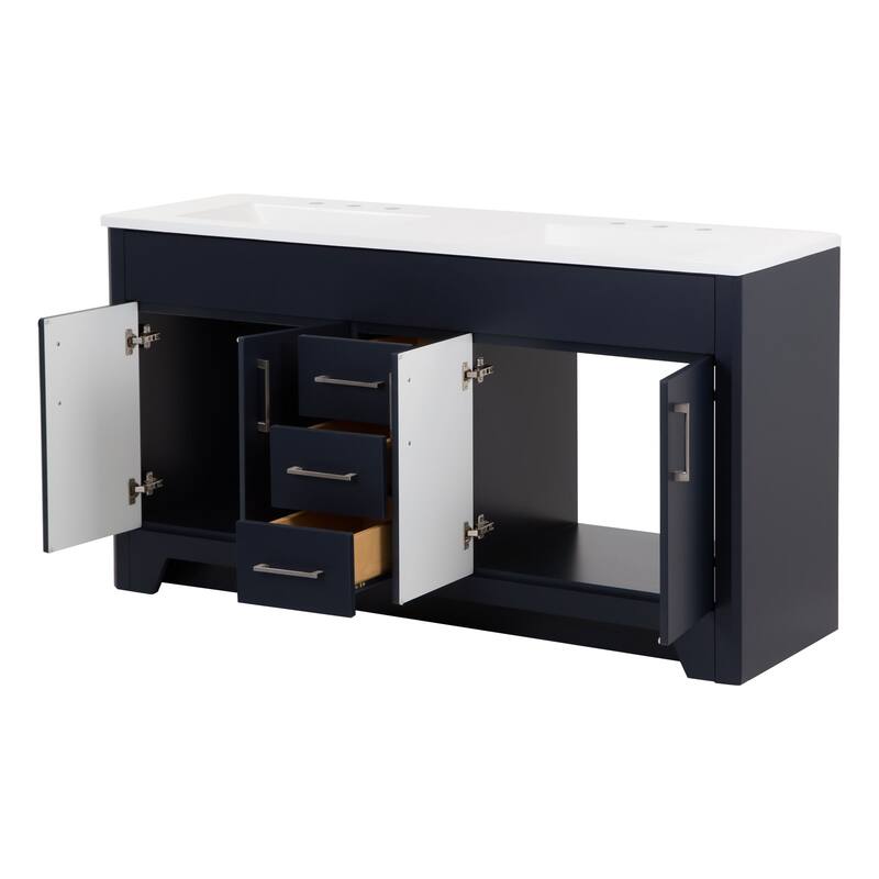 Spring Mill Cabinets Salil 60" Double-Sink Vanity With 2 Cabinets, 3 Drawers, and White Sink Top