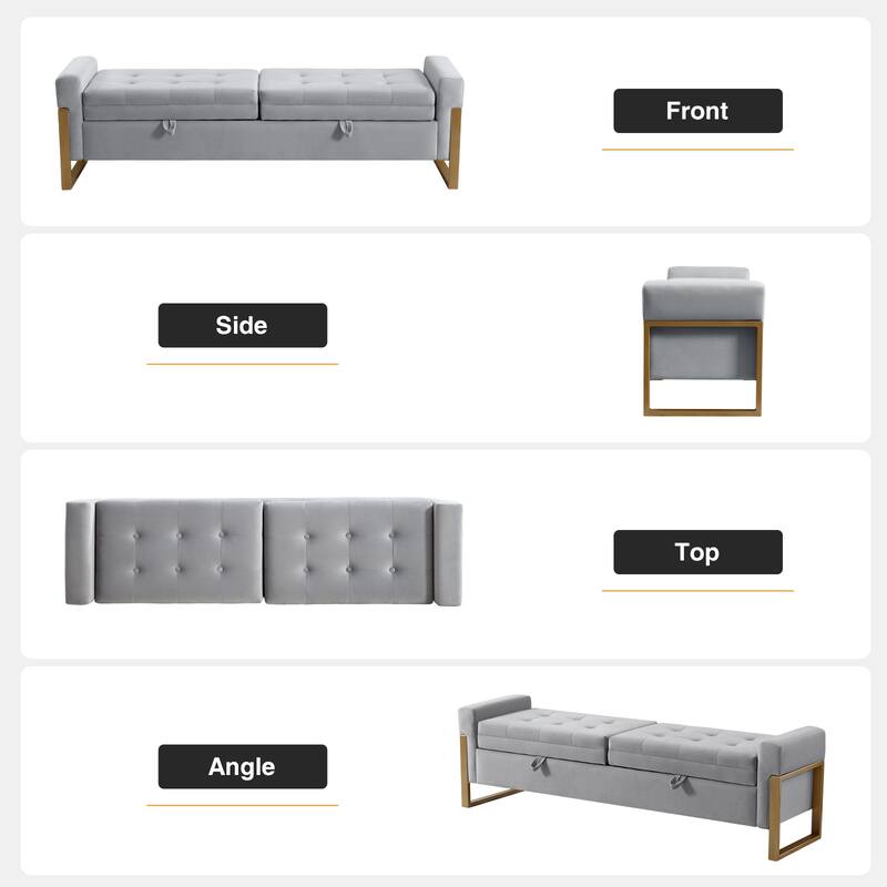 66" Storage Bench King Size End of Bed with Double Lids and Gold Legs