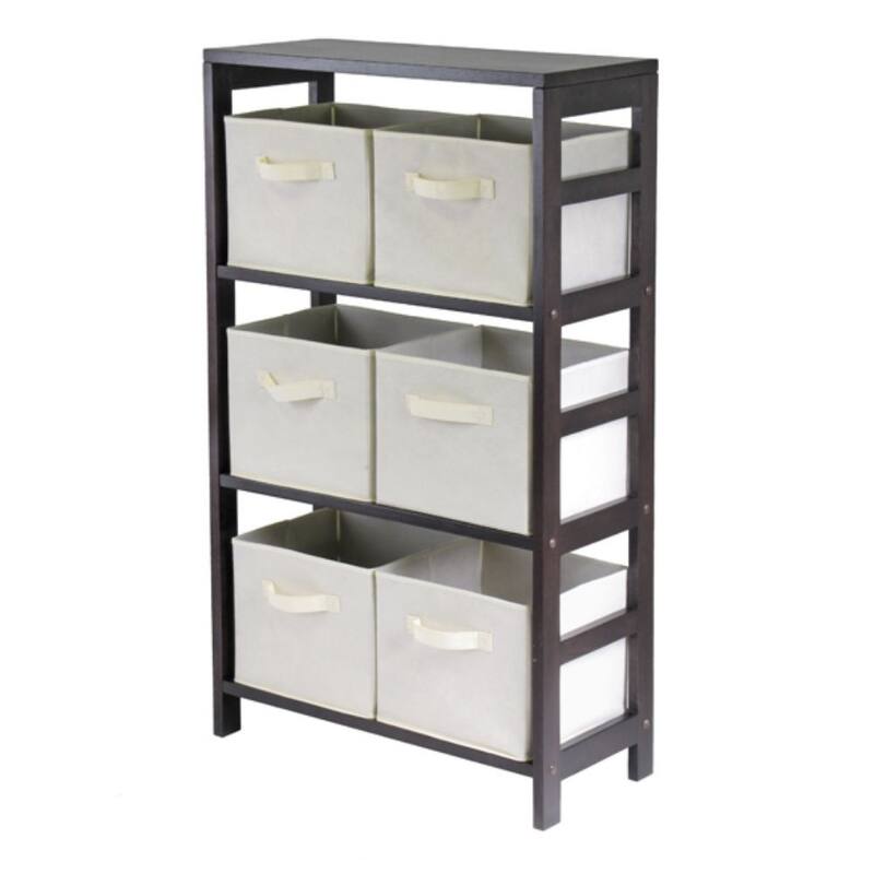 Capri 7-Pc Storage Shelf with 6 Foldable Fabric Baskets - 25.2 x 11.22 x 42 inches - Espresso and Beige