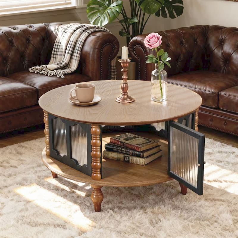 Rustic Round Coffee Table with Storage, 31.5" Wood Accent Table Mid Century Modern Center Tables with Door and Leg