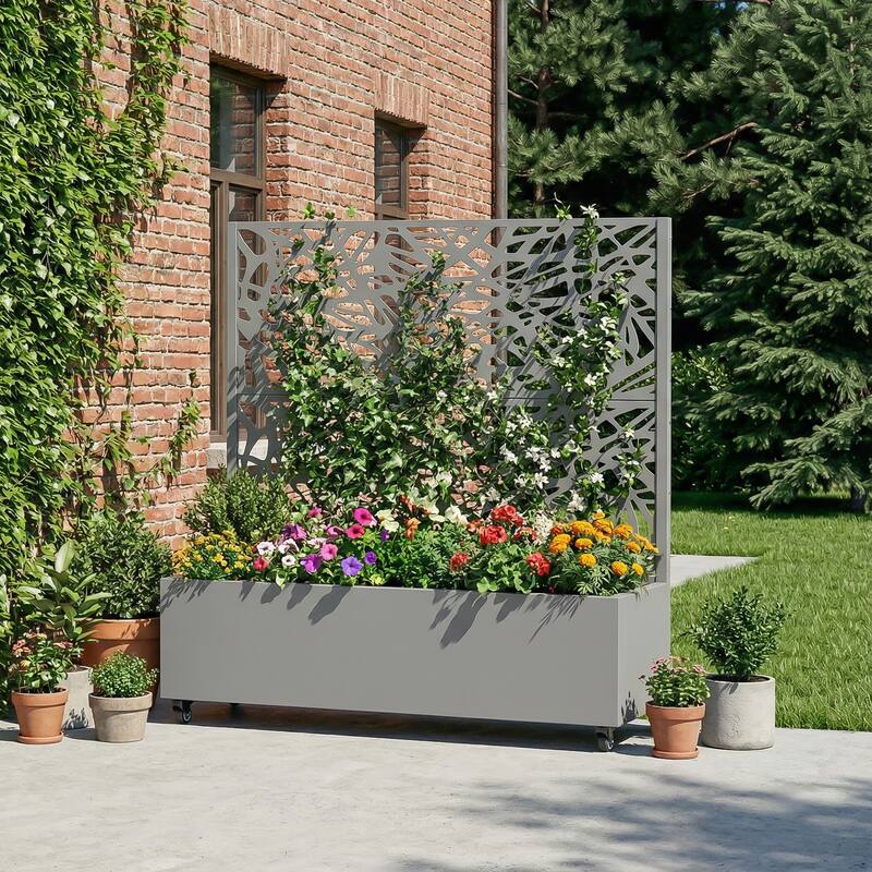 Metal Galvanized Planter Box with Trellis Privacy Screen Lockable Wheels - Grey-Rectangle - 47"x47"