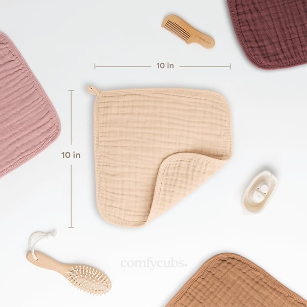 dimension image slide 17 of 18, Muslin Baby Washcloths, Soft 10"x10" Cotton by Comfy Cubs