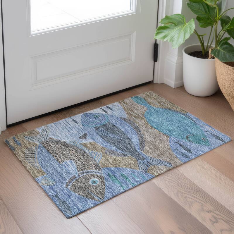 Machine Washable Indoor/ Outdoor Modern Fish Chantille Rug