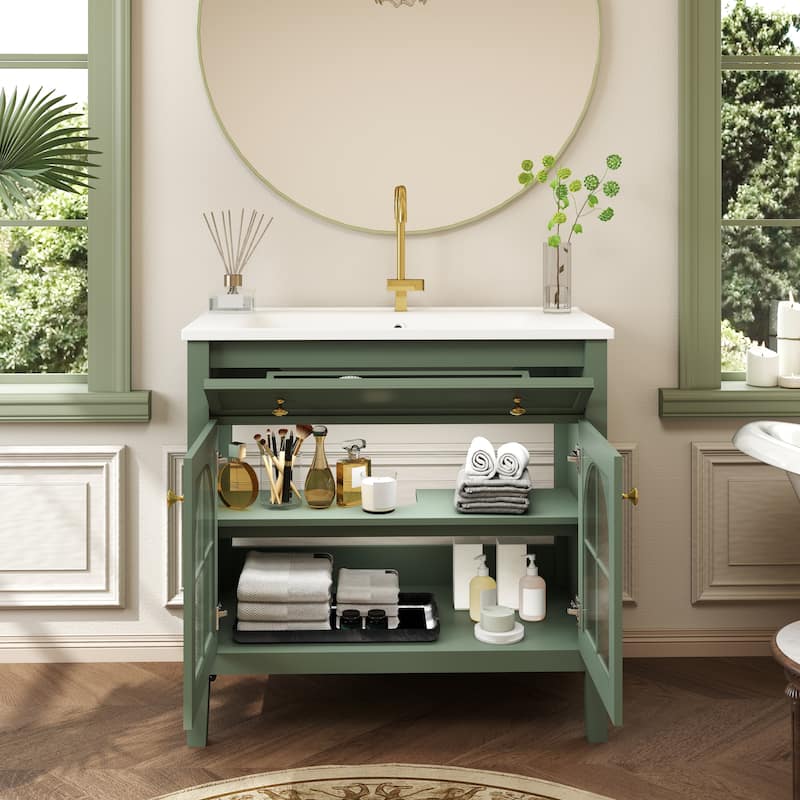 35.6-Inch Mid-Century Bathroom Vanity Sink with Patterned Glass & Motion-Sensor Light, Farmhouse Storage Vanity