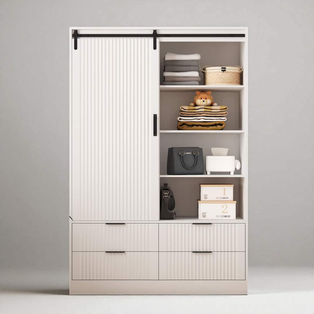 Tall Wardrobe Armoire with Hanging Rod, Barn Door, 4 Drawers, and Open Shelves, MDF Clothing Storage Cabinet for Bedroom