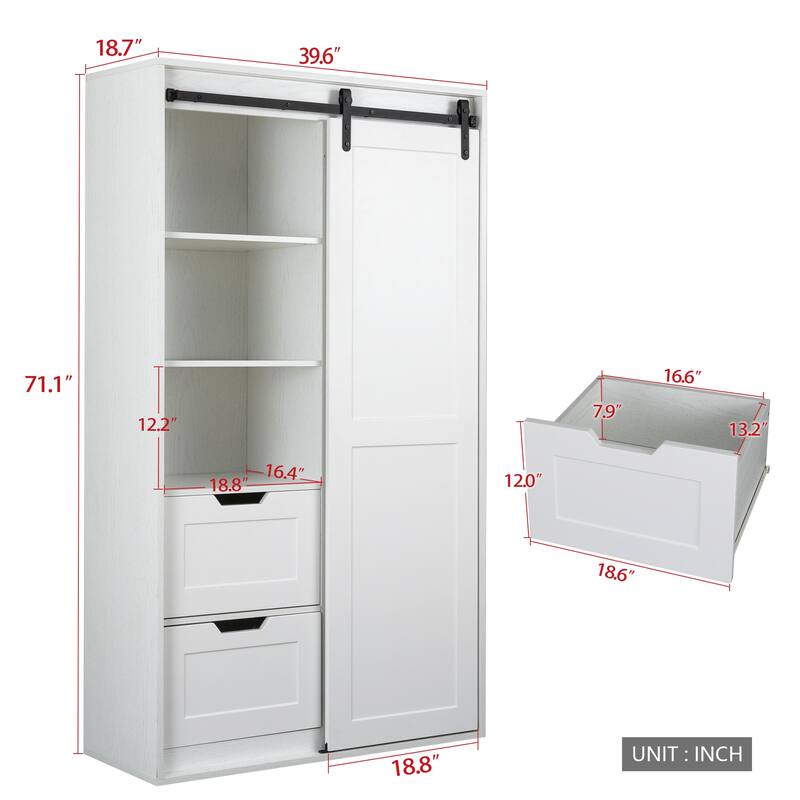 71Inch Barn Door Wardrobe with Partition and Clothes Hanger & Drawer