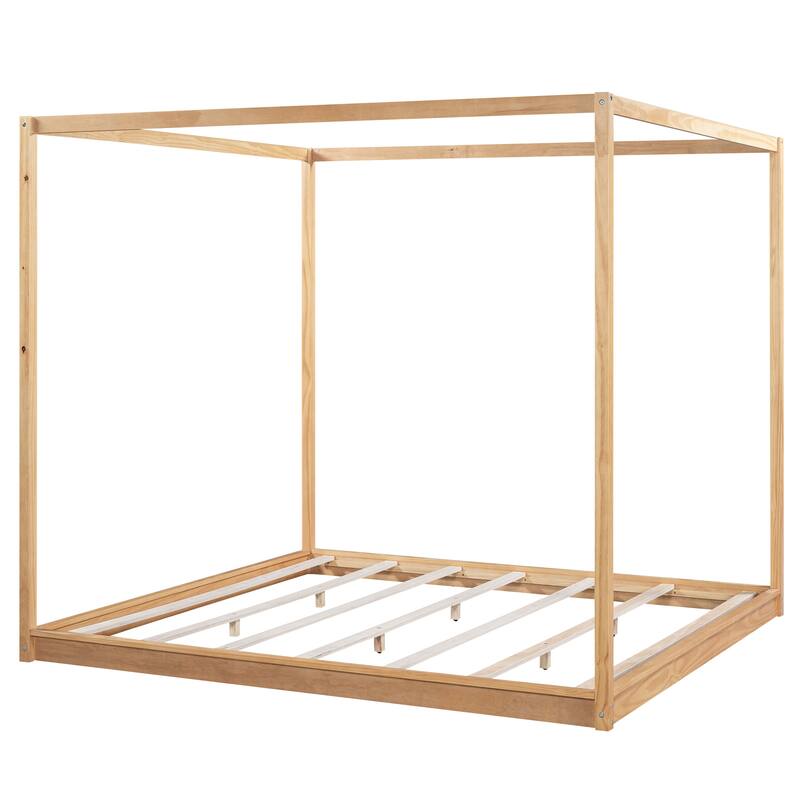 Floor Platform Bed Frame with Slats Support, Wooden Canopy Bed, Four Poster Bed Frame