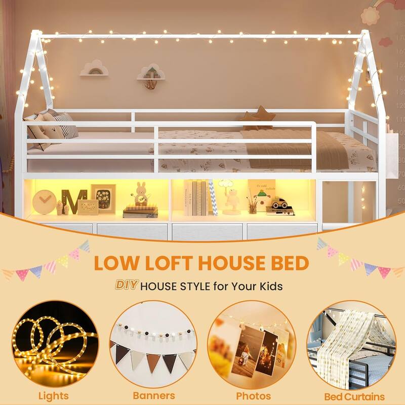 House Low Loft Bed Twin Size Storage Drawers Bookcase LED Lights
